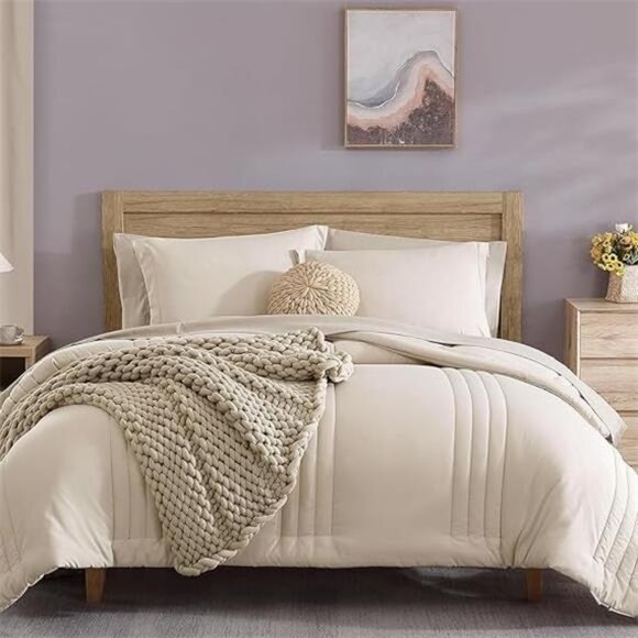 Queen Comforter Set - 7 Pieces Beige Bed in a Bag Queen Bedding Sets - Picture 7 of 7